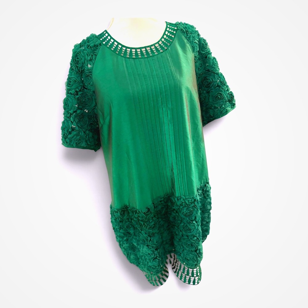 JSong Collection Emerald Green Satin Sheen RosetteFloral Shift Dress Size 16